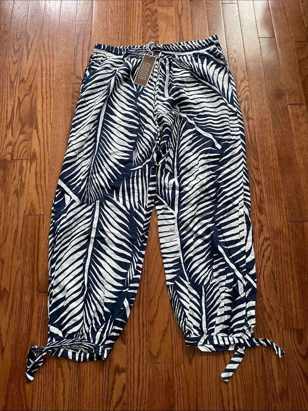 Panama Jack Navy Blue White Palm Print Linen Tie Ankle Jogger Pants Sz XL NWT